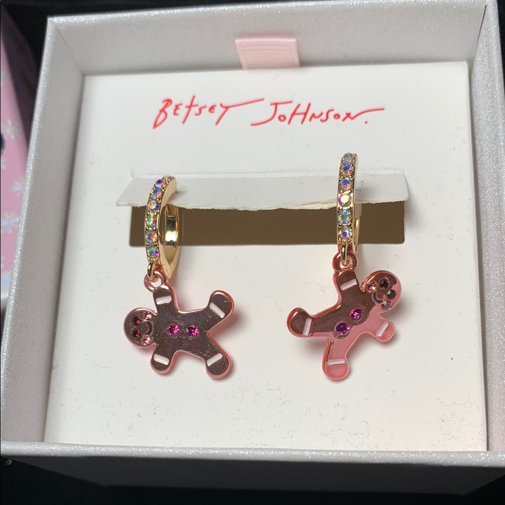Betsey Johnson Gold and Pink Gingerbread Man Charm Earrings NIB